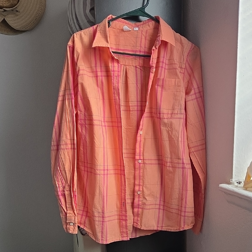 GAP Coral and Pink Plaid Shirt